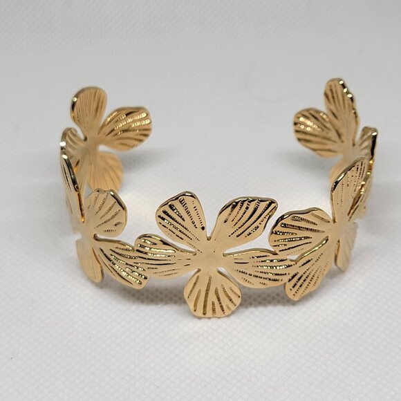 Floral Cuff Bangle Bracelet Gold Tone Titanium Steel 18K Gold Plated New - Picture 5 of 11